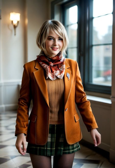 score_9, score_8_up, score_7_up, high detailed texture, photograph, realistic, RAW photo, <lora:ashleyre4remake_pony_v1:.8>  AshleyJacket, 1girl, blonde hair, plaid skirt, short hair, pantyhose, jacket, sweater, scarf, turtleneck, coat, cowboy shot, depth of field, soft split ambient window light, soft realistic shadows, perfect composition