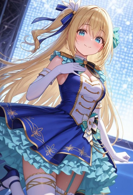 masterpiece, best quality, amazing quality, very aesthetic, high resolution, ultra-detailed, absurdres, newest, scenery,(depth of field:1.5),
(super fine illustration,professional quality,ultra high res), beautiful detailed eyes,
(high brightness),
break
tuda(id)_aigis,
blond hair, long hair, one side up, asymmetrical hair ornament, hair ribbon,
blue eyes,
idol clothes, asymmetrical dress, frilled, cleavage cutout, sleeveless,
white elbow gloves,
white thighhighs, legwear garter,
blue shoe, strappy heels, shoe ribbon,
1girl, medium breasts,
blush,  
idol, stage,
(dutch angle:1.2), (cowboy shot:1.2),