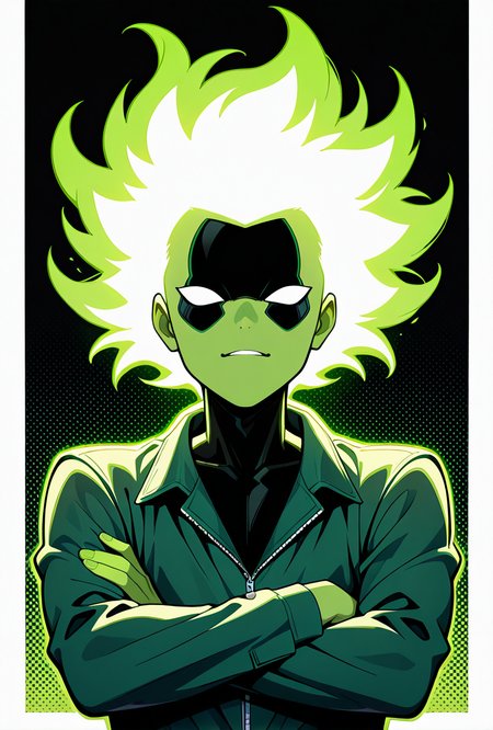<lora:anodite-10:1> anodite, colored green skin, 1boy, no pupils, blank eyes, short hair, , glowing hair, hair covering eye, green body, black body,, round head, green outline, , mad, green jacket,  crossed arms,   dynamic pose, , facing viewer, masterpiece, best quality, amazing quality, very aesthetic, absurdres, newest,, upper body, halftone effect, white borders, abstract background:1.2,