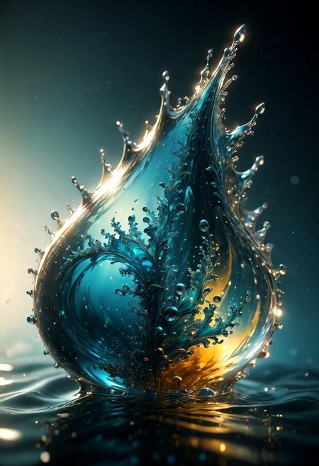 An abstract shape, amazingly fluid, made of glass, detailed, 3d fractals, light particles, water drops, shimmering light, surreal, ink, smooth, shimmering, glow, cinematice contrast, Glow, 
16k