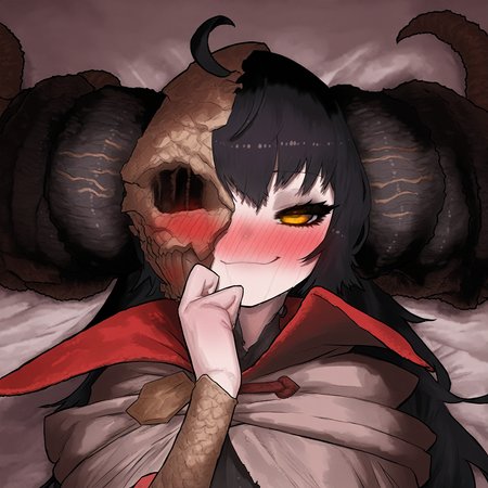 <lora:ekrea jan2 ilu:1.2>,1girl,mohg lord of blood,ahoge,black hair,blush,horns,yellow eyes,missing eye,half-closed eyes,naughty face,cloak,ekrea jan,
masterpiece,best quality,newest,absurdres,highly detailed,very aesthetic,