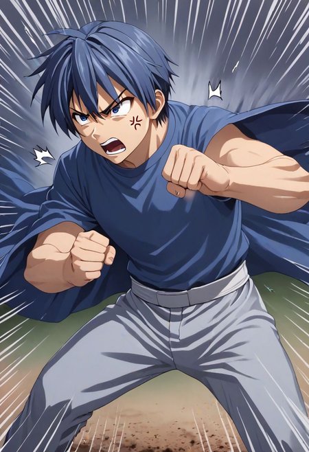 high resolution, solo, best quality, 1Boy, Tomoya Okazaki, Grey Blue Hair, anger, fight, OverallDetail