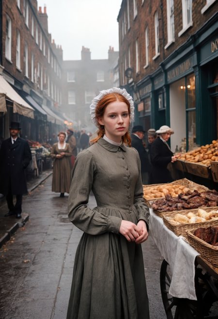 sdxl_jessidom, young woman with hair tucked under a linen bonnet, pale skin and downcast eyes filled with quiet resilience, dressed in a modest 1875 working-class Victorian dress with worn shawl, standing near a bustling street market in London, surrounded by wooden carts, hanging meats, and soot-stained brick buildings, soft overcast light and rising chimney smoke blending into a hazy amber atmosphere, cinematic lens depth with visible film grain and rich Kodak Portra-style color grading, historical fashion editorial with immersive composition and a contemplative, narrative mood