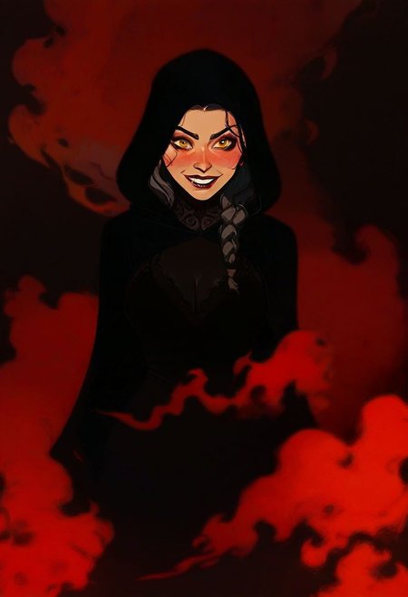 score_9, score_8_up, score_8, score_7_up, score_7, score_6_up, score_6, score_5_up, Score_5, rating_questionable, sexy girl, big boobs, cleavage , beautiful face, braided, crazy smile , evil , orange eye liner, sexy , hooded , burning cape , burning shoulders , fire mage , wearing black cloak , standing , intricate details
