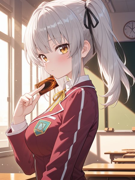 rein megumi,solo,1girl,card \(yu-gi-oh!\),upper body,closed mouth,looking at viewer,blush,sidelocks,from side,black hair ribbon,card between fingers,duel academy uniform \(yu-gi-oh! 5d's\),yellow neck ribbon,red blazer,white collared shirt,hand up,classroom,
masterpiece,best quality,amazing quality,very aesthetic,absurdres,newest,scenery,extreme detail,8k,light particles,soft lighting,volumetric lighting,intricate details,finely detailed,detailed eyes,<lora:Rain Megumi & Jackal Misaki illusXL v1:0.72>,