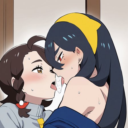 masterpiece, best quality, <lora:age_slider_v4:4>,detailed_background,indoors,brown hair,juliana \(pokemon\),off shoulder,yellow eyes,saliva,creatures \(company\),tongue out,looking at another,game freak,blush,tongue,blue jacket,medium hair,after kiss,hyaku ae mon,red eyes,yellow hairband,nintendo,saliva trail,yuri,jacket,braid,side braid,carmine \(pokemon\),pokemon,breath,hairband,eye contact,sweat,multiple girls,2girls,mole under eye,long hair,black hair,mole,pokemon sv