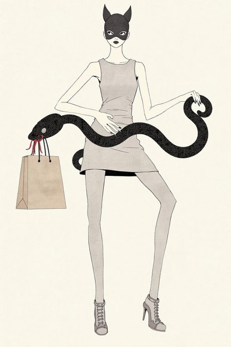 kchiba1 illustration. A slender woman wearing a ski mask with cat ears. She is dressed in a sleeveless knee-length dress. She is holding a boa constrictor. The boa constrictor is carrying a paper shopping bag in its mouth.  <lora:kchiba1_cap_d6a3:1.0><lora:837649400462560766:0>
