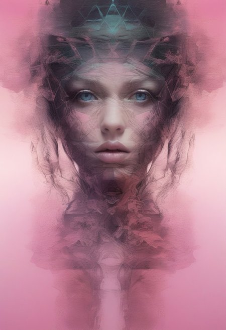 Close-up face, mysterious silhouette of an exotic girl in worn down clothing, pink cosmetic over face goddess, alluring, by Minjae Lee, Carne Griffiths, Emily Kell, Steve McCurry, Geoffroy Thoorens, Aaron Horkey, Jordan Grimmer, Greg Rutkowski, amazing depth, double exposure, surreal, geometric patterns, intricately detailed, bokeh,  perfect balanced, deep fine borders, artistic photorealism , smooth,  great masterwork by Suiras  <lora:add-detail-xl:2>  <lora:Double_Exposure:0.5>