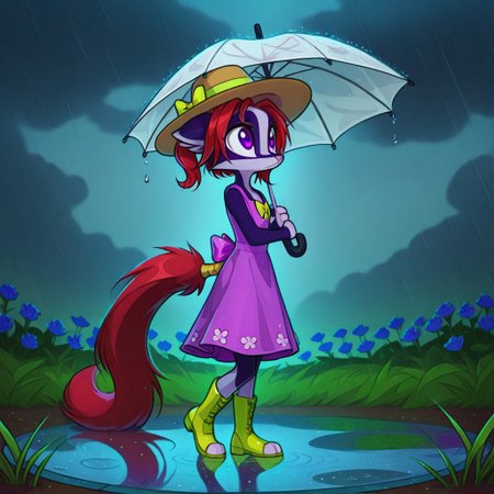 Dreamkeepers,Indi_and_Digo,1girl,solo,furry,tail,source_furry,,red hair,purple fur, purple eyes,
child, kid, 
Dancing in the Rain, rain, puddle, umbrella, dress, boots, hat, clouds, grass, water_drops, breeze, flowers , Under a gray sky, a girl twirls in the rain, splashing in puddles with her boots as water drips from her umbrella. Her dress spins, a hat flops wetly, and grass glistens around her. Flowers bow under the raindrops, a breeze carries her laughter, and the carefree dance turns the dreary day into something adorable