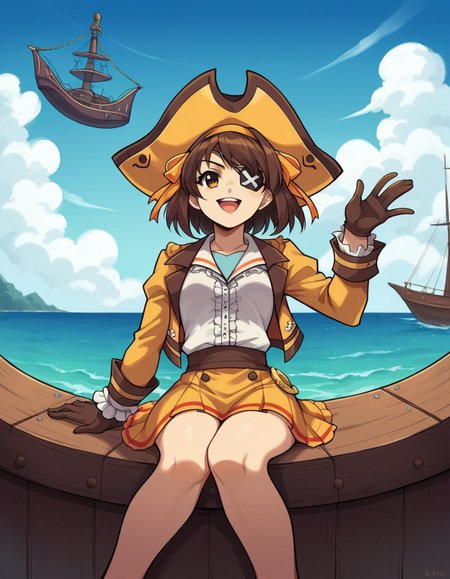 score_9, score_8_up, score_7_up, source_anime, <lora:haruhi-suzumiya-s1-ponyxl-lora-nochekaiser:1>, haruhi suzumiya, short hair, brown hair, brown eyes, hairband, medium hair, ribbon, hair ribbon,, <lora:pirate-costume-ponyxl-lora-nochekaiser:1>, pirate costume, pirate hat, skirt, gloves, jacket, shirt, eyepatch,, blue sky, sea, ocean, pirate ship, treasure, gold, smug, open mouth, from below, sitting,, cowboy shot