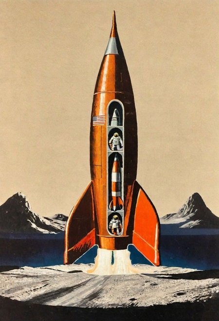 (inside:1.2), a (retro_rocket:1) on a moonscape, show inside of ship and each of its levels