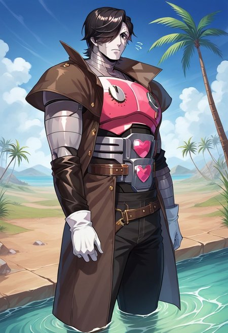 score_9, score_8_up, score_7_up, source_anime, show accurate, 1boy, sexy boy, solo, Mettaton, (((robot boy))), black hair, hair covering left eye, black eyes, makeup, (((white skin))), pink chest piece, black shoulder pads, white gloves, d3sertranger, coat, gloves, military, armor, day, outdoors, black tights, pink high heel boots, portrait, cowboy shot, desert, lake, partially submerged, palm trees, face focus, masculine male, huge pecs, mature male, seme, flexing, thick thighs, standing, wide hips, steampunk, steamy body, (obese:1.3), legs up, vanishing point, day, embarassed, shy,  (wide_hips), thick thighs, bubble_butt