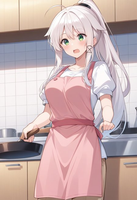 1girl, solo, anceriseshirokami, white hair, long hair, high ponytail, ahoge, hair flaps, sidelocks, hair ornament, green eyes, white shirt, puffy short sleeves, pink apron, beige pants, indoors, kitchen, holding frying pan, open mouth, cowboy shot,
