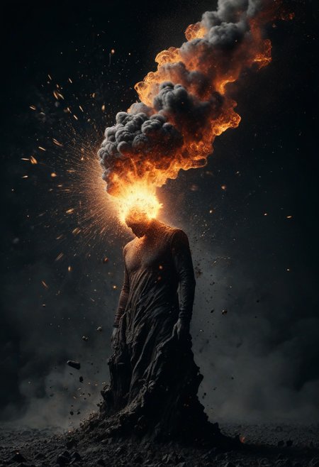 surrealism,dark tones,
detailed ash particles,
explosion special effect,
head and fire mixed,
visual impact,
fire swing with wind,