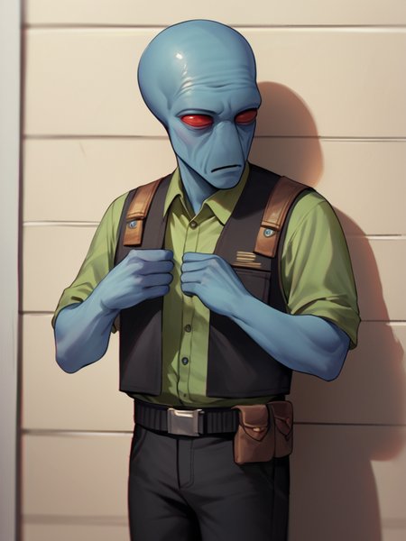 score_7_up, score_8_up, score_9, masterpiece, (1boy, solo,)perfect face, perfect hands, high quality, source_anime, cowboy shot, <lora:Duros_-_Star_Wars:1> duros, 1boy, colored skin, alien, red eyes, blue skin, bald, hiding behind corner, black vest, green undershirt, black pants, utility belt,