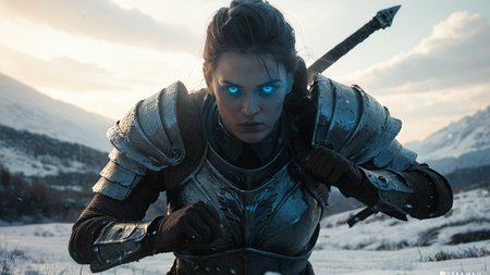 score_9, score_8_up, score_7_up, score_6_up, flmgr, film grain, cinematic, solo, dark, blue theme, creature, fantasy, close-up,  portrait, landscape background, snow, action pose, weapon, plate armor, glowing eyes, realistic, <lora:FLMGR-R:.6>,