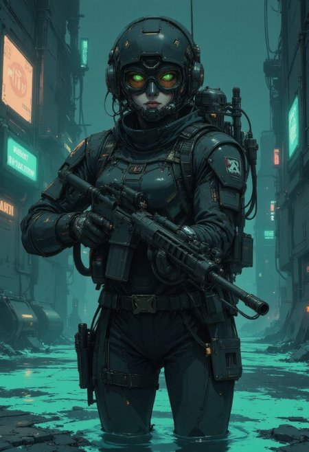 <lora:ck-ghost-reaper-000015:0.9>, This is a digital artwork in the style of ckgr, a woman combat diver wearing a dual mode diver mask with a mares backmount and scuba gear, partly submerged in glowing bioluminescent water , a_skynet_cyberdyne_craft, the image is featuring a
she is holding and aiming an AR15 assault rifle at the viewer.
nightstalker, outdoors, clear night sky, green nightvision tint color palette