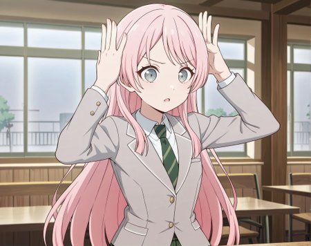 masterpiece, best quality, newest, absurdres, highres, detailed eyes, beautiful, detailed background, perfect eyes, anime coloring, anime screencap,
<lora:My_dad_got_the_MVP:1>My dad got the MVP,
(Raising both own hands with palms open near the head),
1girl,sitting, serious, open mouth, 
solo,(raising own hands) ,
cafe, indoors, window, 
chihaya anon,  skirt, green skirt, haneoka school uniform, plaid skirt, jacket,  school uniform, shirt, necktie, plaid, arms at sides, diagonal-striped necktie, diagonal-striped clothes, white shirt, grey jacket, long sleeves, collared shirt, striped clothes, green necktie, buttons, pleated skirt, parted lips, <lora:chihaya_anon_IlluXL:0.7>,