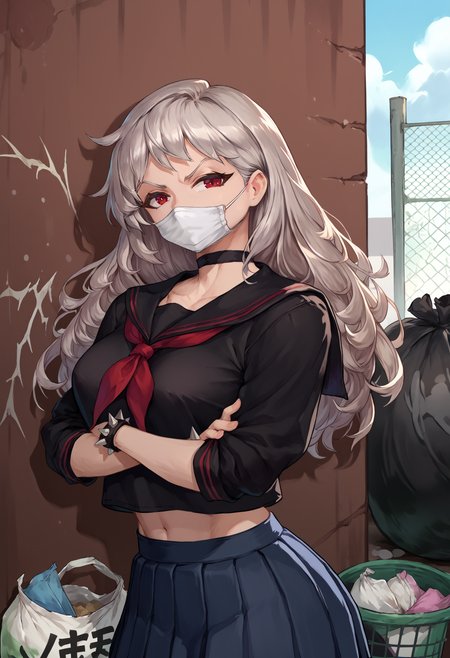 score_9, score_8_up, score_7_up, <lora:freykrV2-ponyxl-beta1-09:1>, RosmertaKR, long hair, breasts, black shirt, neckerchief, sailor collar, choker, spiked bracelet, surgical mask, yankee, pleated skirt, against wall, red eyes, grey hair, white pupils, graffity, chain-link fence, trash bag, looking at viewer, crossed arms, glare, raised eyebrow,