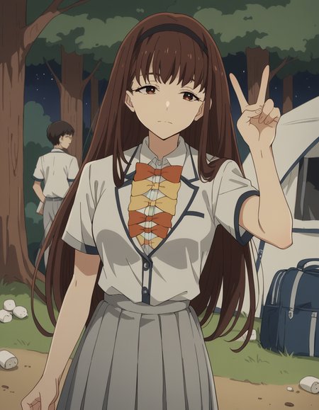 score_9, score_8_up, score_7_up, source_anime, <lora:hibari-houkobaru-s1-ponyxl-lora-nochekaiser:1>, hibari houkobaru, long hair, bangs, brown hair, brown eyes, hairband, black hairband, medium breasts,, shirt, bow, cleavage, school uniform, white shirt, short sleeves, collared shirt, skirt, pleated skirt, grey skirt, bowtie, yellow bowtie, orange bowtie, camping, bonfire, tent, stargazing, marshmallows, forest clearing, night, , , v, v over eyes,, solo,, cowboy shot, dutch angle