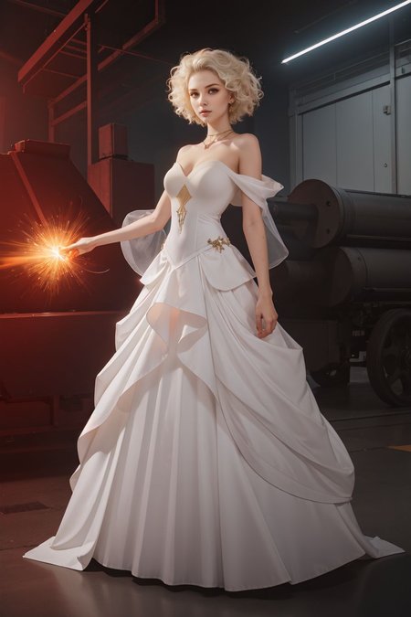 (fcPortrait:1.4) dynamic pose skinny 24 years old,  <lora:kodak_vision_daylight:0.8>,  cinematic industrial scene of large scale metal forge, (style of Nick Knight), [regal:industrial:0.7] evil queen in almost all white attire, standing with a commanding presence, golden cyborg mechanical hand glinting in the low light, intricate and polished, overlooking a massive industrial forge, the factory filled with heavy machinery and intense heat, metallic surfaces reflecting fiery hues, constructing mechwarrior/ED-209 inspired machines. Her gown is an elaborate blend of traditional and futuristic design, white flowing fabric with subtle metallic accents, high collar, adorned with delicate, glimmering embroidery. Sharp, angular shoulder pads, contrasting with the fluidity of her functional gown. Her expression is stern and unyielding, eyes piercing through the smoky haze, dark makeup accentuating her fierce gaze. Surrounding her are towering robotic constructs, gears and pistons moving rhythmically, sparks flying as metal is forged and shaped, glowing molten metal. Robotic manufacturing machine arms curl in the distance. The atmosphere is dense with smoke and the scent of molten metal, creating a stark contrast to her pristine appearance, a juxtaposition of purity and raw industrial power. full body dynamic pose, full length, wide shot, entire person, standing, head to toe, long shot, distant view, (chin-length short hair, bleached white-colored hair, curly hair, center part:1.63), BREAK (24 years old feminine seductress, young european woman:1.42), BREAK (Oval-shaped face, luminous complexion, glowing aqua+ almond-shaped eyes, thin brows, small upturned nose, thin supple lips:1.23), volumetric lighting, subsurface scattering, (special effects, color grading, fantasy aura)