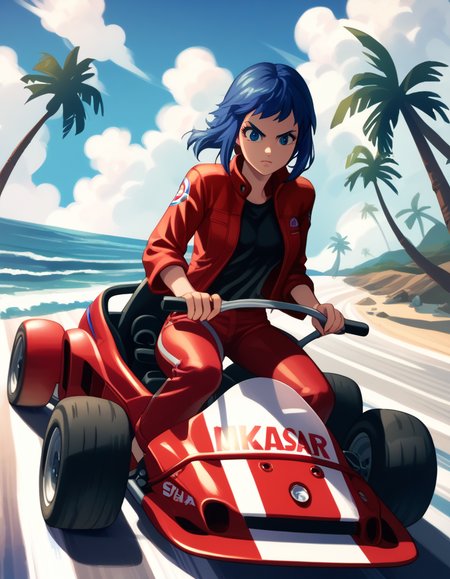 score_9, score_8_up, score_7_up, score_6_up, score_5_up, score_4_up
<lora:mario_universe-v6_pdxl:0.6> <lora:kusanagi-arise-ponyxl-000060:1> kusamoar
1girl, red jacket, black shirt, red pants,
driving a kart, race course, kart racing, solo, full body, rating safe, official Nintendo style, palm trees, beach, waves, clouds