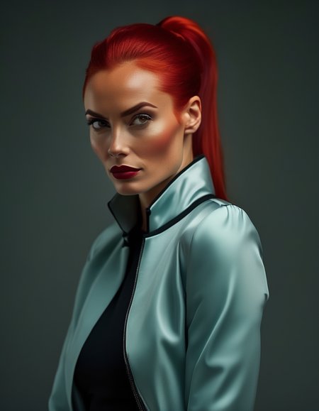 A confident portrait of a woman with fiery red hair pulled into a sleek ponytail, her angular face and intense brown eyes exuding power and focus, her lips curled into a slight smirk as she meets the viewers gaze. <lora:usual-portrait-v2:1>