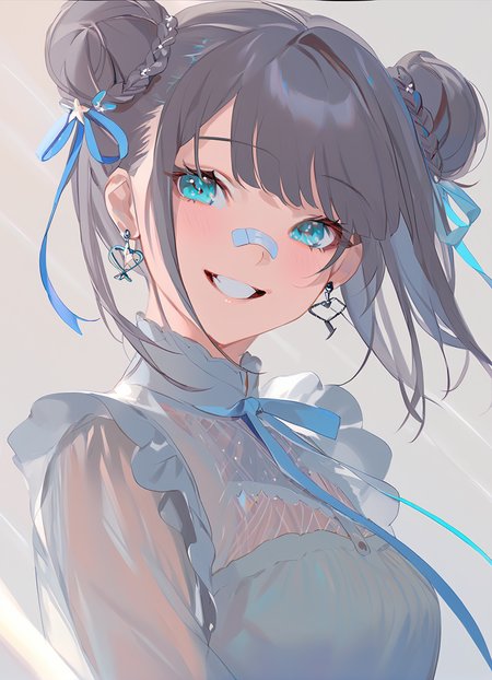 masterpiece,best quality,<lora:sd_xl_dpo_lora_v1-128dim:1>,1girl,solo,bandaid,smile,bandaid on face,looking at viewer,braid,double bun,earrings,bandaid on nose,ribbon,hair ornament,bandages,jewelry,upper body,aqua eyes,grin,long hair,see-through,hair bun,bangs,blush,blue eyes,from side,teeth,, ask \(askzy\),(masterpiece:1,2),best quality,blank background,Cinematic Lighting,<lora:jiuXL:1>,