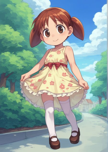 score_9, score_8_up, score_7_up, score_6_up, source_anime, zPDXL, <lora:ALTXL_pony_0061_8:2>, BREAK
1girl, solo,  <lora:Mihama_Chiyo_Chiyo-Chan:0.9> chiyo, twintails, Auburn hair, brown eyes, short twintails, little girl, child, standing on a mossy rock, admiring a rainbow in the sky, Brunch, Floral Dress, Wedges, Sheer Stockings