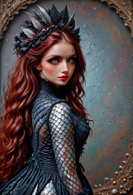 scaleboundsdxl, (sharp focus:1.2), (anatomically correct:1.3), round cheeks, upturned nose, (detailed eyes:1.1), (luscious lips:1.1), (natural eyes:1.3) (chestnut hair:1.2) (moody lighting:1.2), depth of field, bokeh, 4K, HDR. hyper realistic, realistic eyes, (absurd res:1.1), beautiful lighting, sunlight, score_9, score_8_up, score_7_up, score_6_up, masterpiece, high quality, (best quality:1.1), 1girl, perfect red lips, parted lips, thick thighs, wide hips, Chestnut hair, big hair, wavy hair, green eyes, wide hips, hands behind head, side view, looking at viewer, ad-detail-xl, 34 years old, Solo, hair decoration, black makeup, necklace, elbow gloves, Older woman,  realistic, hyper realsitic, influencer, insta influencer, beautiful, Victorian dress made from scales, (background made from scales:3), (fully dressed:1.8), (Victorian dress:2.7), UnderlandRedQueenDaal, crystalake, aqua hair, yellow eyes.