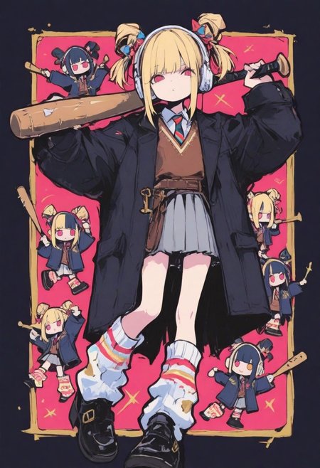 Anime style schoolgirl, navy duffle coat with leather toggles, grey pleated skirt, red and gold striped tie, brown vest, white headphones, twin buns hairstyle with bangs, wooden baseball bat over shoulder, cream leg warmers with black shoes, dynamic pose with one leg lifted, casual street fashion, digital art, clean lines, soft shading, 8k detailed, anime illustration style，
masterpiece, best quality ,amazing quality ,S4bit4mago_illu , xxx667_illu ,Protoneon  , ma1ma1helmes_b_illu,