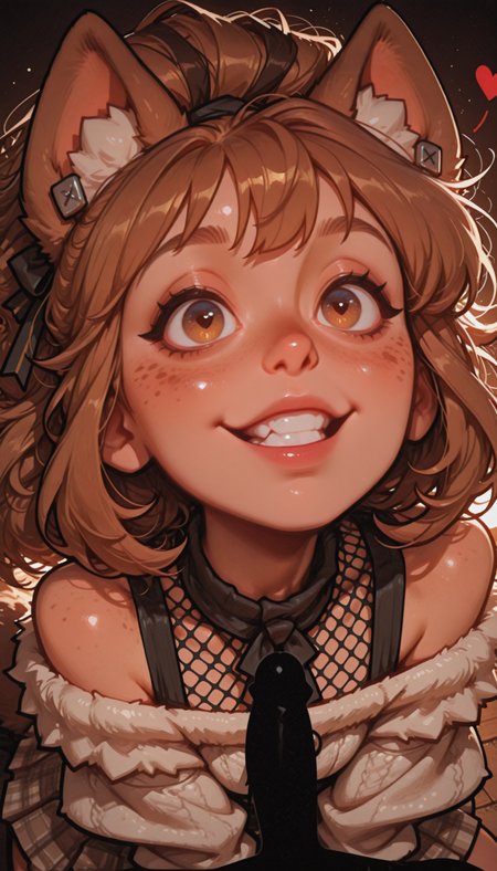 woman, happy, heart, flipped hair, golden brown hair, split bangs, hair ribbon, big hair, light skin, fuzzy animal ear clips, off-shoulder jacket, ruched mesh mini skirt, fur stole, freckles, (bloom, close-up:1.3), scenery, from above, very dark brown subject and near black highlights, (silhouette:1.2), backlight, bright background, soft diffused edges, translucent glow, masterpiece, best quality, highres, newest, year 2024, absurdres