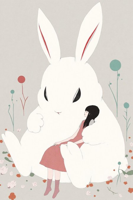 kchiba1 illustration. 
A large white rabbit with exaggerated proportions. It is holding a young girl sleeping on its lap. The girl has long, straight black hair. <lora:kchiba1_cap_d6a3:1.0><lora:837651316017750140:0>