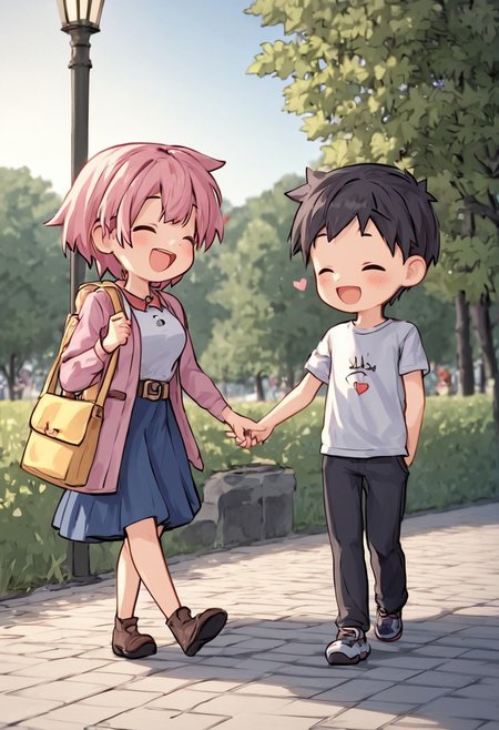 score_4,score_5,score_6,score_7_up,score_8_up,score_9 ((masterpiece,best quality,ultra detailed,highres,HD,4k:1.2)), 
chibi,full body,
hetero,girl focus,
bobcut pink hair giri,large breast,
black short hair boy,
Walking hand in hand, dating,
outdoor, Park, blue sky,heart symbol, heart effect,
smile,happy,closed eyes,open mouth,