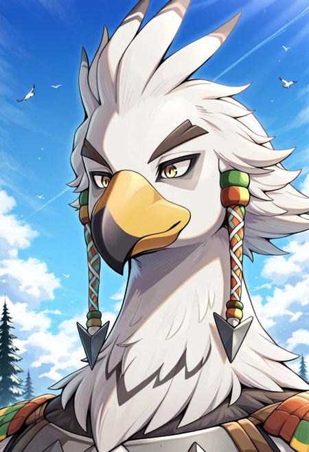 best quality, newest, absurdres, highres, Anthro,bird,Teba,yellow eyes,white fur,beak,face focus,outdoors