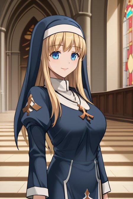 score_9, score_8_up, score_7_up, source_anime, rating_safe, intricate details, anime screencap, official style, 1girl, solo, <lora:PONY_Saint_EmilianaV2:1>, saintemiliana, blonde hair, long hair, blue eyes, nun, habit, long dress, necklace, large breasts, looking at viewer, smile, cathedral, cowboy shot