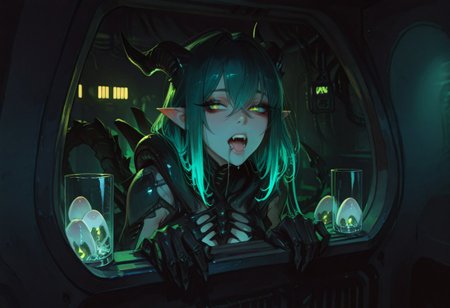 masterpiece, best quality, hyper-realistic, ultra-HD, luminous lighting, cinematic ambiance, shimmering gradients, ethereal glow, deep contrast, rich color tones, seductive atmosphere, captivating sensuality, Cinematic Lighting, 
BREAK 
raytracing, volumetric lighting, ambient occlusion, Background, xenomorphs
BREAK
ryu, teal scales, eastern dragon horns, pointy ears, green eyes, long eyelashes, makeup, solo,
glass, see-through, skulls, portraits,
BREAK
A chilling scene unfolds in a dimly-lit industrial corridor, where the iconic xenomorph from the Alien franchise has cunningly concealed itself within an air duct. Its elongated, biomechanical form is contorted yet eerily poised, occupying the seemingly innocuous air vent. The slick, black exoskeleton, adorned with menacing ridges and a tail curled beneath it, blends seamlessly with the duct's shadowy interior. Only its distinctive dome-like head, partially open mouth revealing a set of inner jaws, pierces the veil of darkness. Glistening drool and the movement of its secondary jaws suggest a high state of alertness, ready to strike.
The xenomorph’s piercing yellow eyes reflect the flickering emergency lights of the corridor, hinting at its imminent intent. The vent's mesh serves as a sinister cage, unable to contain the creature's malevolent presence that emanates from every rivet and crevice. Tension swells as viewers anticipate the creature's imminent pounce, ready to unfurl from its hiding place. Surrounded by Alien eggs.