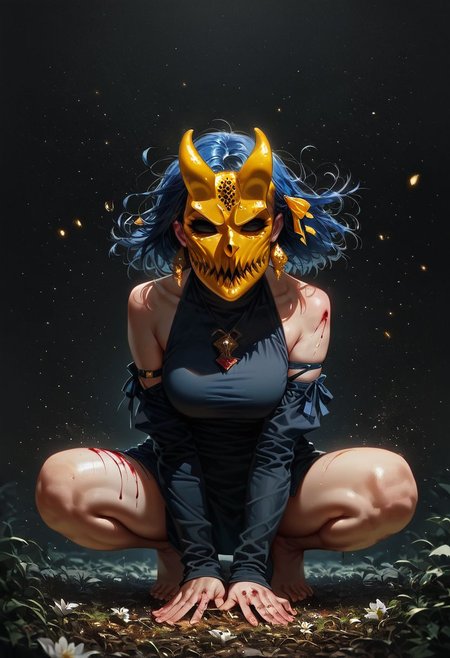 score_9, score_8_up, score_7_up,  (1girl, solo:1.2), wolf girl, squatting, short hair, brown hair, blue hair ribbon, alex_the_terrible_mask, (golden mask:1.1), (bloody mask:1.1), horns, wind, gale, (silk hair ribbon), round earrings, white earrings, filigree, detached sleeves, white fur, fur coat, wide sleeves, (armlet:1.1), (revealing clothes), fang necklace, bare shoulders, (horizon, long view, distant, leaves and plant in front:1.1), light white shirt, flower, hot, sweating, thighs, feet, on her toes, grey eyes, dark eyes, bright particles, gloom, golden cherry blossom tones, japanese aesthetic, lilies, explosive bright particles in the form of sparks of light, black theme , expressiveh