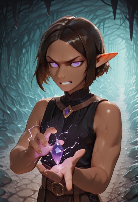 1 Lapanya, solo, Repeta, violet eyes, black sleeveless top,
furrowed eyebrows, pained expression, gritted teeth, purple electricity, purple veins, glowing eyes,
Holding purple gemstone in one hand, 4-sided gemstone, small gemstone,
organic cavern background, 
Medieval style, Smooth colors, detailed eyes, clean lines, high quality, best quality, masterpiece, rating: safe, source: anime,