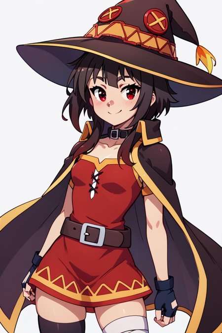 score_9, score_8_up, score_8, medium breasts, (curvy), cute, eyelashes,       BREAK, , BREAK, <lora:konosuba-megumin-s2-ponyxl-lora-nochekaiser:0.7>, megumin, short hair, black hair, red eyes, short hair with long locks, thighhighs, gloves, hat, dress, black gloves, belt, black thighhighs, fingerless gloves, cape, collar, witch hat, bandages, red dress, single thighhigh, asymmetrical legwear, bandaged leg,, <lora:GoldenCAT_Lora_PDXL_v2:0.7>, , BREAK,  smile, looking at viewer, cowboy shot,  embedding:zPDXL, Expressiveh, <lora:SDXLFaeTastic2400:0.5>,  <lora:Expressive_H-000001:0.4>,