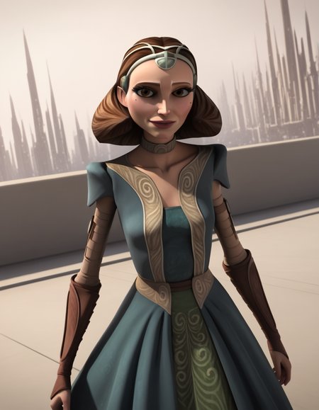score_9, score_8_up, score_7_up, source_anime,
<lora:clonewars-padme-amidala-s3-ponyxl-lora-nochekaiser:1>, padme amidala, brown hair, brown eyes, realistic, mole, mole under eye, long hair, lips, 3d,
dress, tiara, wavy air, green dress, collarbone, breast, skirt, long skirt, green skirt,
outdoors, smile,
looking at viewer, cowboy shot, dutch angle, solo,
