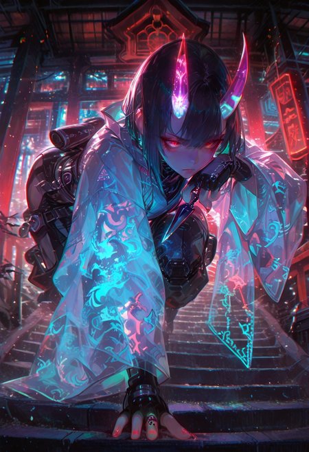 masterpiece, best quality, amazing quality, very aesthetic, absurdres, newest, volumetric lighting, holographic colors, cute, gradient colors, dark background, masterpiece, best quality, amazing quality, very aesthetic, absurdres, newest, volumetric lighting,1girl, 
BREAK
nsfw, 
 ambient occlusion, raytracing, soft lighting, blum effect, masterpiece, absolutely eye-catching, particles, glow, shining, intricate cinematic background, (beautiful face),  
BREAK
masterpiece, highly detailed,detailed eyes, 1girl, detached virtual oni horns, Putting on a virtual  holographic oni mask with red glowing eyes and wielding 2 glowing  green neon kunai while throwing several kunais with the other hand while covering her face in defense position , Shinobi shozoku, cyber ninja wear,, from front , detailed background, full body,dynamic ninja pose, , short hair, , closed mouth, ring, see-through, , gloves, ,, jewelry, cyberpunk shrine, shrine background, neon nail polish, fingernails,straight virtual cyper oni horns, wide sleeves, red eyes, lace, (glowing kunai:1.5), neon kunai, glowing, zPDXL3, detailxl,  Score_PnyReal,