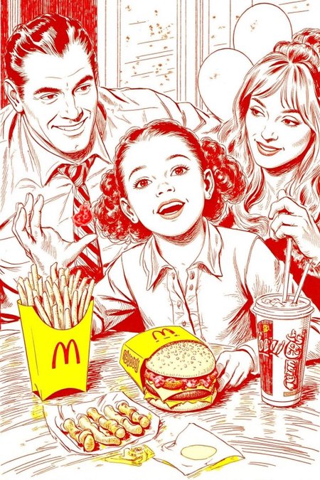 alexray1 drawing
 A four-year-old girl with twin pigtails is celebrating her birthday at McDonald's, a place that feels like a magical playground for children. The joy on her face is unmistakable as she sits at a table set with a colorful array of items: crispy McDonald's fries in a bright yellow packet, a refreshing cup of Coca-Cola, and a juicy hamburger wrapped in its iconic packaging. Her pigtails bounce playfully as she moves, adding to the lively atmosphere. The table is also adorned with festive decorations, including balloons and streamers that match the vibrant McDonald's red and yellow color scheme. Family members gather around, their smiles reflecting the warmth and love of the occasion. The lighting inside the restaurant is soft yet bright, creating a welcoming environment that highlights the happiness of the moment. This scene captures the pure delight and excitement of a young child's birthday celebration, set against the backdrop of a beloved fast-food chain, where simple pleasures bring immense joy  <lora:alexray1_nocap_d6a3:1.0><lora:815513774674057513:0>