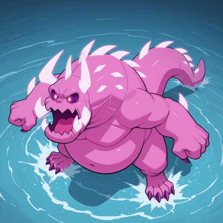 Monsteven, 2d, solo, 1boy, male, kaiju, monster, pink body, pink scales, pink skin, (glowing spikes, glowing eyes), horns, purple claws, toe claws, purple sclera, white pupils, tail, toe claws, digitigrade, spiked tail, chubby

BREAK standing, open mouth, yelling, from above, macro, outside, outdoors, on ocean, best quality, fist, amazing quality, very aesthetic, absurdres, newest, high quality, masterpiece, 
