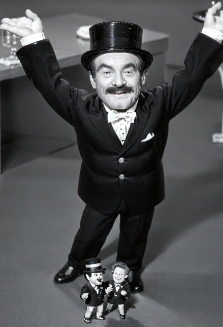 (((black and white, monochrome, greyscale))),((dancing,fully clothed, small man with mustache, top hat, kenbis, chibi, chibi, male only, dancing, male, male chibi, monocle, art deco, thick mustache, comically large mustache, handlebar mustache, tiny, multiple men, shrunk, microxl, some little guys,  high angle, from above)), bwMovies, realistic, photo, vintage photo, ((very small man, small man, a small man, a man who is small, a small man)) suit, an unapologetically small human male, black and white, smiling, very happy, euphoric, ecstatic, wonderful small men, large smile, huge smile