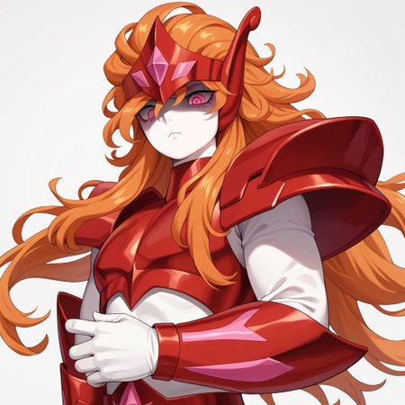 score_9, score_8_up, score_7_up, masterpiece, cromartie, shaded face, (((plump face))), ((grimacing)), benetmime,long wavy orange hair, red circlet, pink eyes, red armor, red pauldrons, white sleeves,