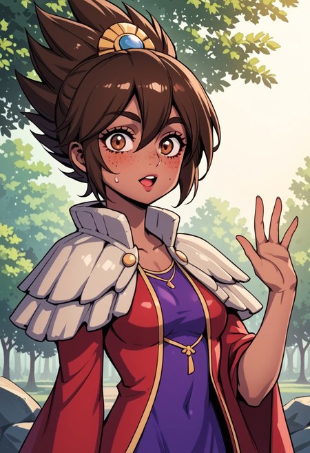 score_9, score_8_up, score_7_up, score_6_up, score_5_up, score_4_up, score_9, score_8_up, score_7_up, detailed, intricate details, chromatic aberration,  veins source_anime, , (best quality) , (highly detailed) ,((masterpiece)), ((best quality)), (ultra-detailed), ((extremely detailed)), (high resolution), 4K, (8K), best quality, (beautiful), (dynamic lighting), (super detailed skin), sharp focus, (1_girl, solo focus),  score_9,score_8_up,score_7_up,anime coloring, big eyes BREAK source_anime,anime, TaliyahLoLXL, dark skin, tanned skin, Dark skin female, dark skined, freckles, brown eyes, brown hair, short hair, sidelocks, hair between eyes, hair ornament, spiked hair, medium breasts, stone capelet, cape, red jacket, purple dress, solo,  front view, solo focus, wide eyed, panicked, panic, waving arms, mouth open, blushing, suprised, sweating, bewildered, hands up, looking at viewer, forest, tree <lora:TaliyahLoLXL:0.9>
(Upper body, portrait) , phantom_ix_row_style, masterpiece, best quality, <lora:PhantomIxRowStyle:0.9>, "Closer to artist's style"