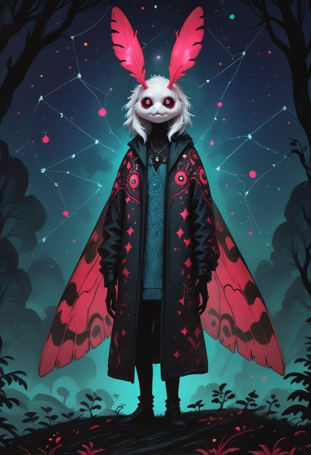 score_9,score_8_up,score_7_up,score_6_up,score_5_up,score_4_up,
f3nn3r,pink,blue,red,trippy,<lora:f3nn3rXLP:0.9>,fullbody,alone in the dark woods,1boy,Constellation Discovery,shadowy space,god moth,thin legs,(((completely white body))),wings,