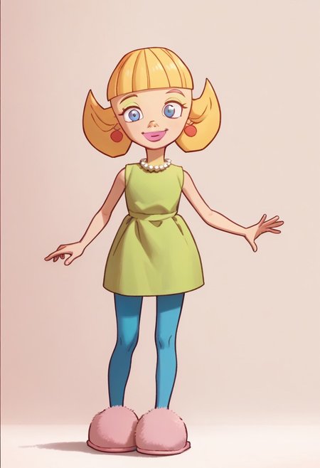 score_9, score_8_up, score_7_up BREAK LoopyMom, 1girl, blonde hair, blunt bangs, blue eyes, green eyeshadow, pink lipstick, orange pearl earrings, white pearl necklace, sleeveless green dress, blue leggings, pink slippers, smiling at viewer, full body,