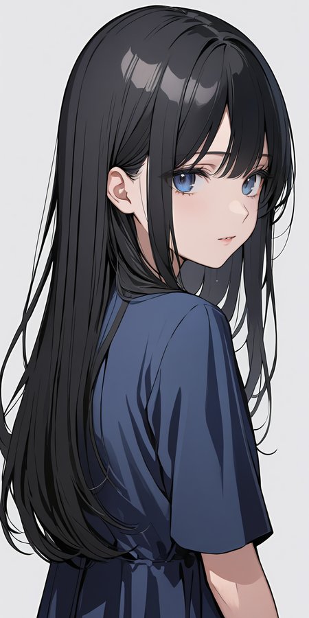 (masterpiece,ultra-detailed,best quality,8K,illustration:1.2),cute face,clean skin ,shiny hair,girl,ultra-detailed-eyes,simple background, <lora:add-detail-xl:1> <lora:straight hair_XL_V1.0:0.8> straight hair,black hair<lora:jyoji one piece_XL_V1.0:0.6> jyojifuku, blue dress